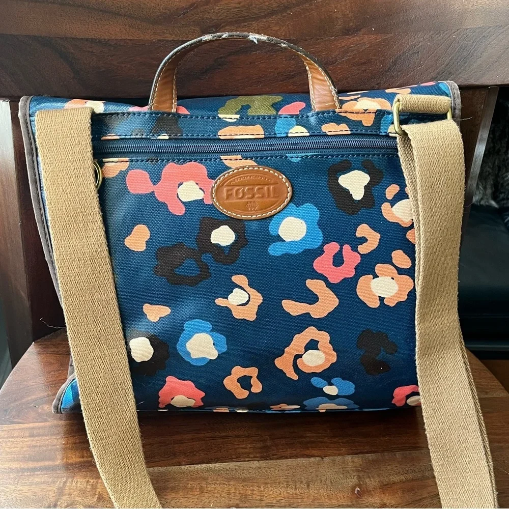 Fossil Navy Blue Floral Print Coated Canvas Crossbody Laptop Tote Bag